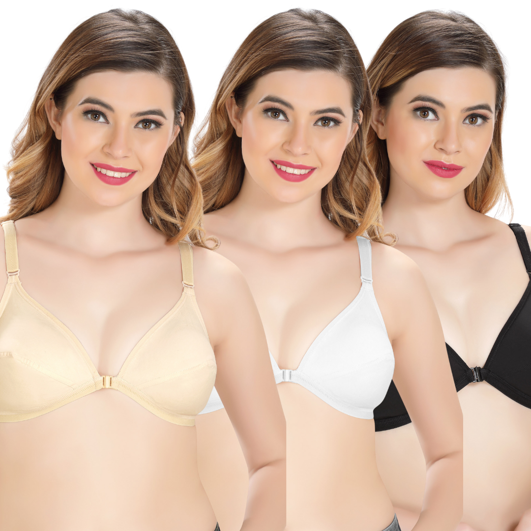 Women's Cotton Front Open Non Padded Non-Wired Regular Bra B Cup (Combo  Pack Of 3)