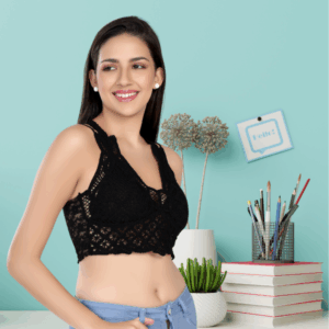 Women’s crochet black lace bralette free size – criss-cross back, padded, wire-free