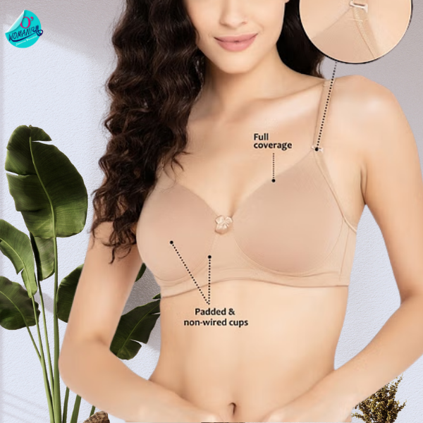 model wearing nude- beige skin bra in b c d cups